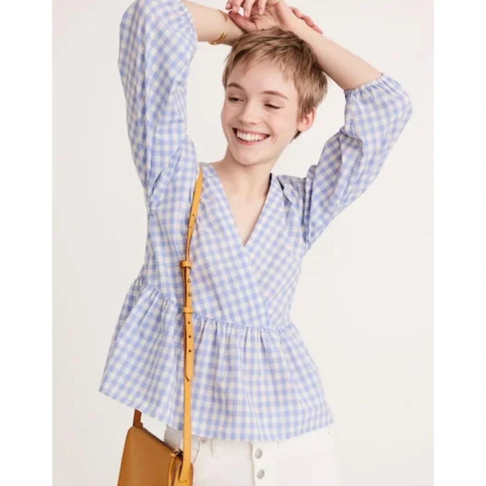 Madewell Gingham Peplum Top XS Blue White Bubble Puff Sleeve Faux Wrap‎ Blouse